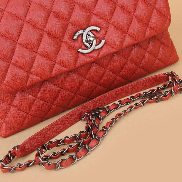 Chanel Women Flap Bag with Top Handle in Grained Calfskin Leather-Red (3)