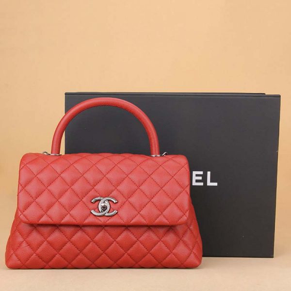 Chanel Women Flap Bag with Top Handle in Grained Calfskin Leather-Red (6)