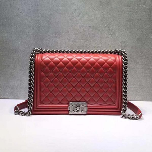 Chanel Women Large Leboy Flap Bag with Chain in Calfskin Leather-Red (5)