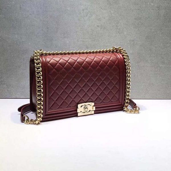 Chanel Women Large Leboy Flap Bag with Chain in Goatskin Leather-Maroon (4)