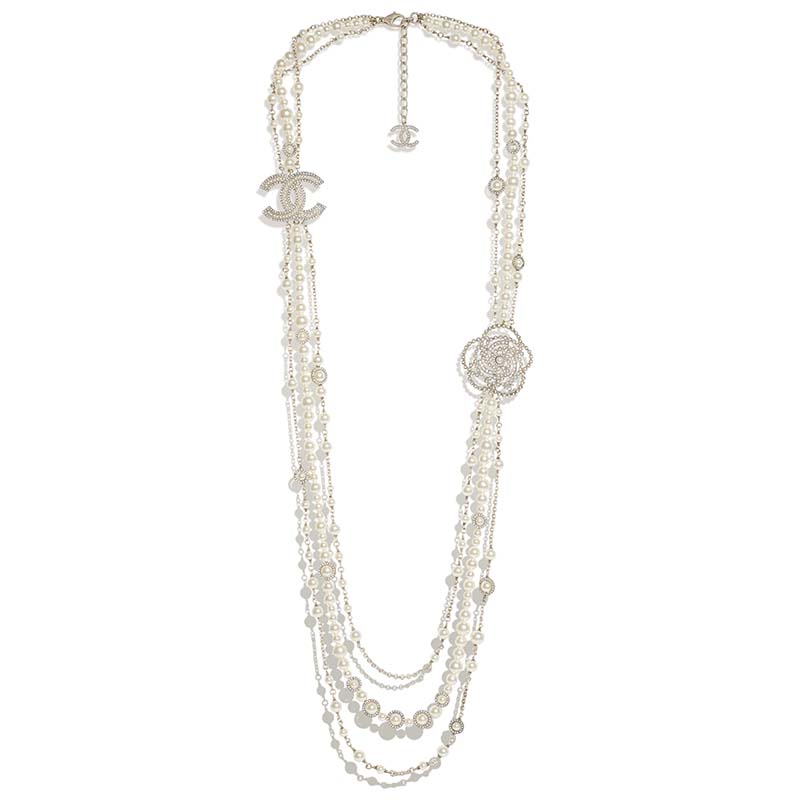 Chanel Women Long Necklace in Metal Glass Pearls & Diamantés-White - LULUX