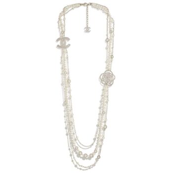 Chanel Women Long Necklace in Metal Glass Pearls & Diamantés-White