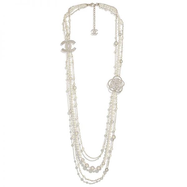 Chanel Women Long Necklace in Metal Glass Pearls & Diamantés-White