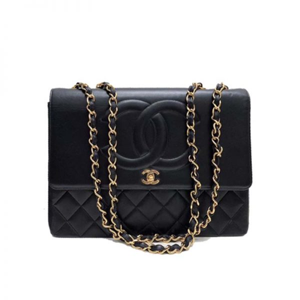 Chanel Women Vintage Maxi Flap Bag in Goatskin Leather-Black