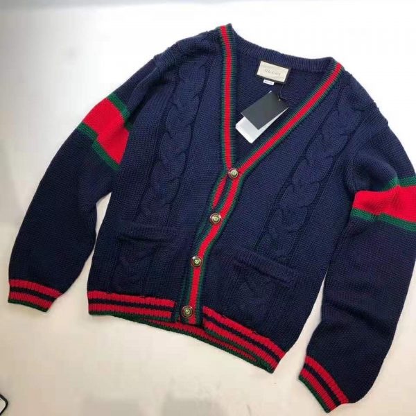 Gucci Men Oversize Cable Knit Cardigan Sweater-Navy (10)