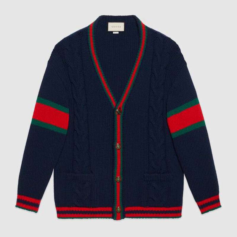Gucci Men Oversize Cable Knit Cardigan Sweater-Navy - LULUX