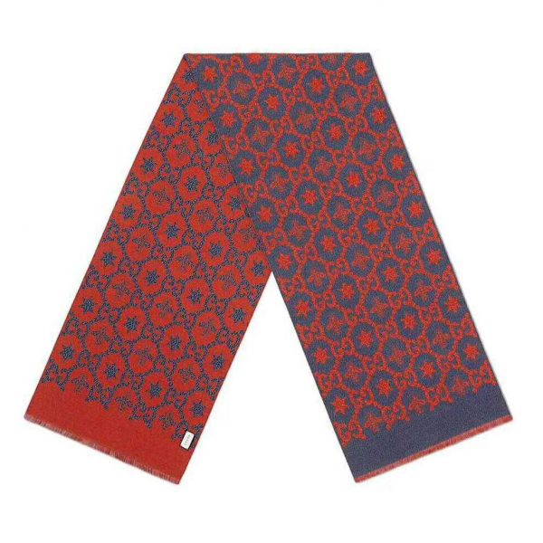 Gucci Unisex Bees And Stars GG Jacquard Scarf in Wool and Silk-Red (1)