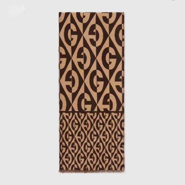 Gucci Unisex G Rhombus Jacquard Scarf in Wool and Cotton-Brown (1)