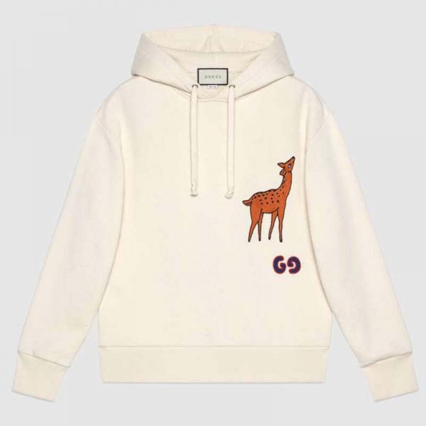 Gucci Women Hooded Sweatshirt with Deer Patch in 100% Cotton-White (11)