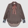 Gucci Women Patchwork Print Shirt with Neck Bow in 100% Silk-Brown
