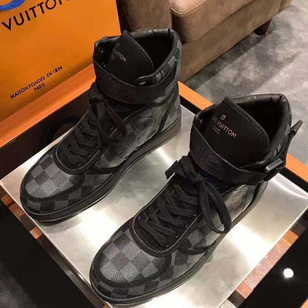 Louis Vuitton LV Men Rivoli Sneaker Boot Shoes in Iconic Damier Graphite Canvas-Grey (2)