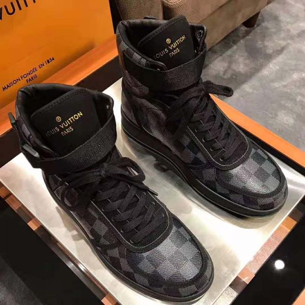 Louis Vuitton LV Men Rivoli Sneaker Boot Shoes in Iconic Damier Graphite Canvas-Grey (4)
