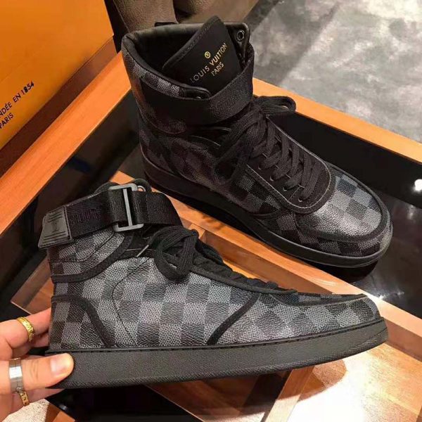 Louis Vuitton LV Men Rivoli Sneaker Boot Shoes in Iconic Damier Graphite Canvas-Grey (5)