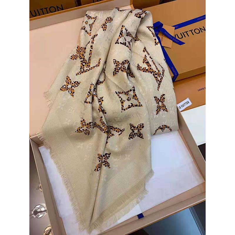 LOUIS VUITTON Wool Silk Monogram Giant Jungle Logomania Shine Scarf Beige |  FASHIONPHILE