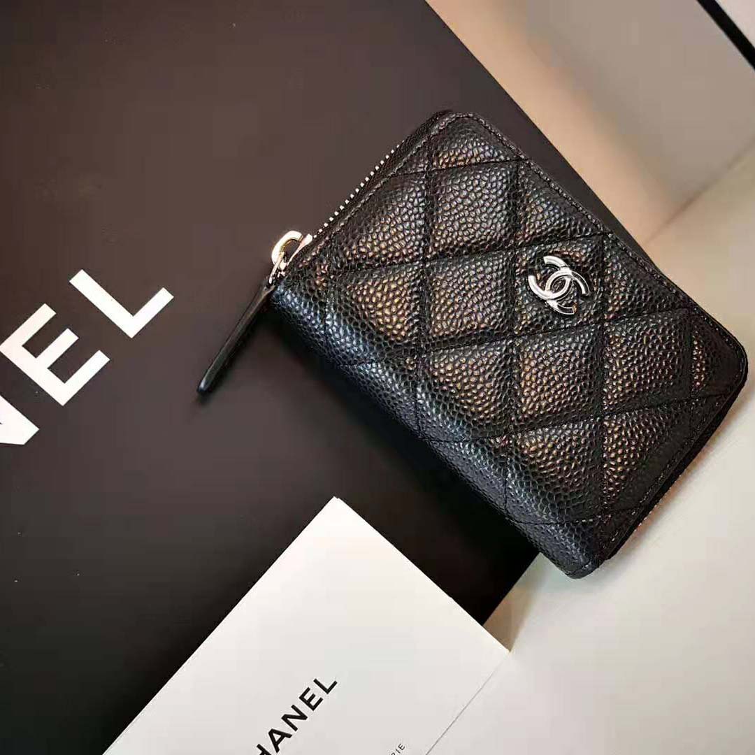 Chanel Women Classic Zipped Coin Purse in Grained Calfskin & Silver ...