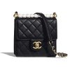 Chanel Women Flap Bag in Goatskin Imitation Pearls & Gold-Tone Metal-Black