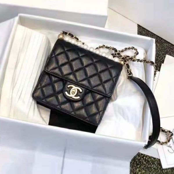 Chanel Women Flap Bag in Goatskin Imitation Pearls & Gold-Tone Metal-Black (15)