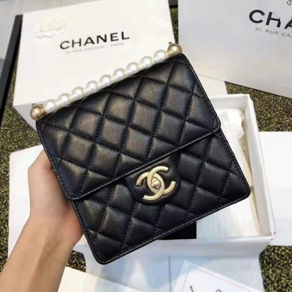Chanel Women Flap Bag in Goatskin Imitation Pearls & Gold-Tone Metal-Black (16)