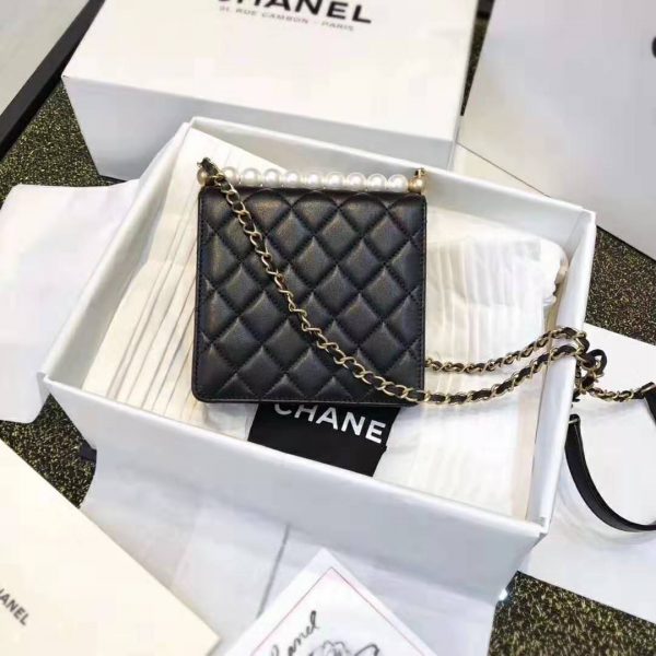 Chanel Women Flap Bag in Goatskin Imitation Pearls & Gold-Tone Metal-Black (2)