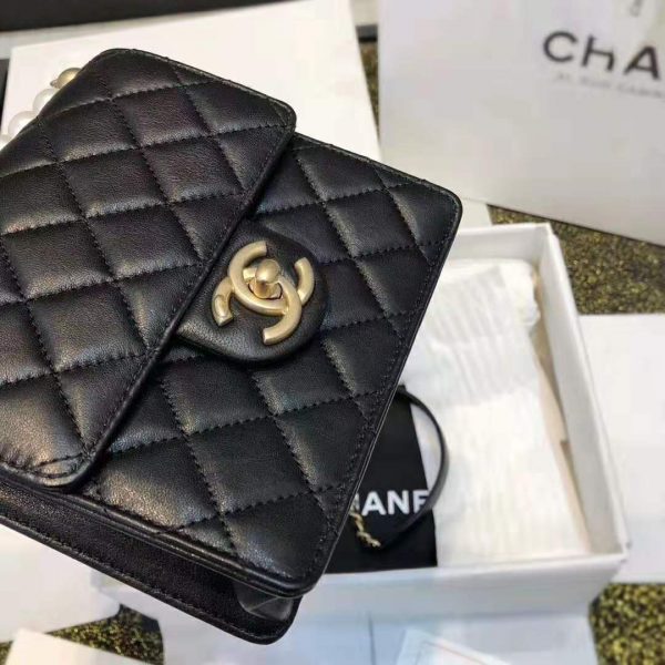 Chanel Women Flap Bag in Goatskin Imitation Pearls & Gold-Tone Metal-Black (4)