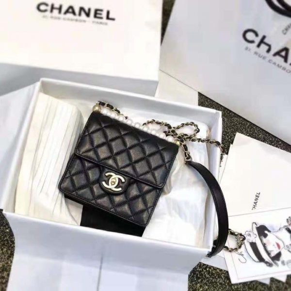 Chanel Women Flap Bag in Goatskin Imitation Pearls & Gold-Tone Metal-Black (7)