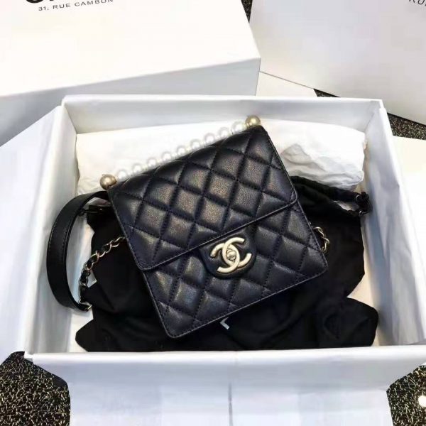 Chanel Women Flap Bag in Goatskin Imitation Pearls & Gold-Tone Metal-Black (8)