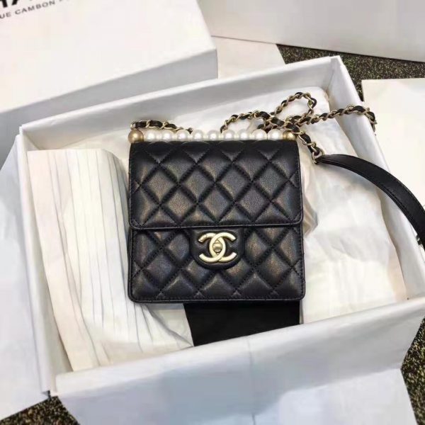 Chanel Women Flap Bag in Goatskin Imitation Pearls & Gold-Tone Metal-Black (9)