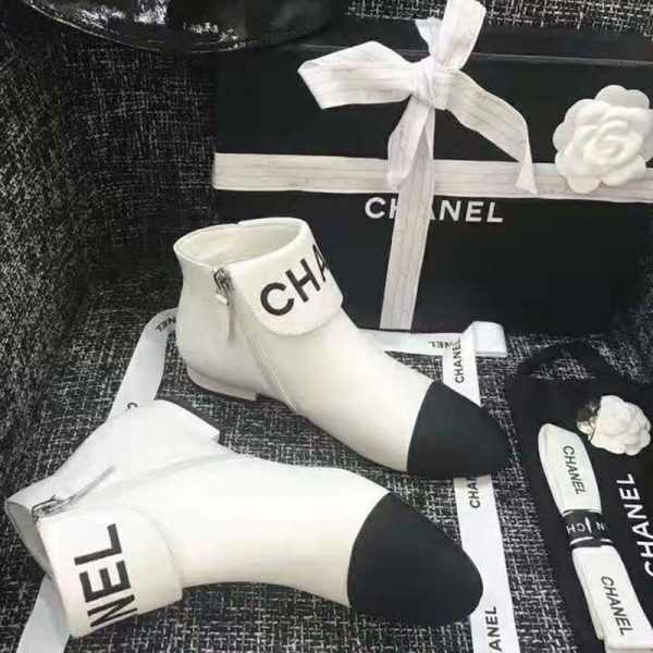 Chanel Women Loge Short Boots in Goat Leather & Faille-White (3)
