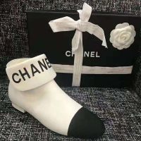 Chanel Women Loge Short Boots in Goat Leather & Faille-White (1)