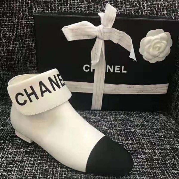 Chanel Women Loge Short Boots in Goat Leather & Faille-White (4)