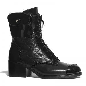 Chanel Women Patent Calfskin & Crumpled Calfskin Ankle Boots-Black