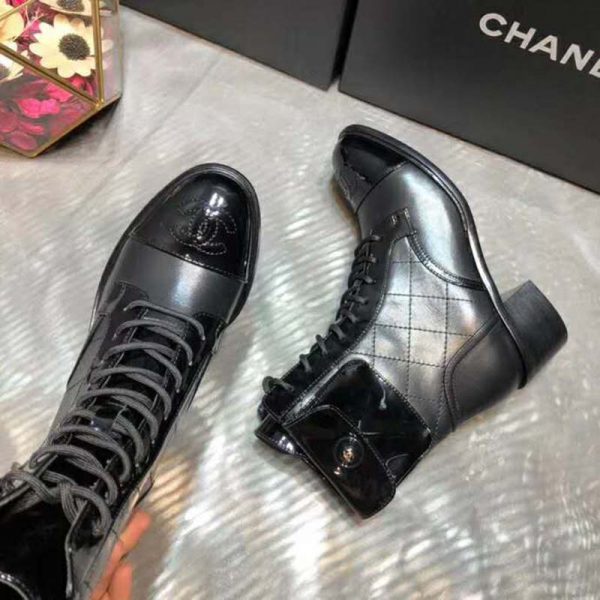 Chanel Women Patent Calfskin & Crumpled Calfskin Ankle Boots-Black (10)