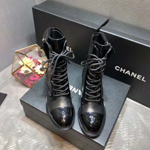 Chanel Women Patent Calfskin & Crumpled Calfskin Ankle Boots-Black (2)