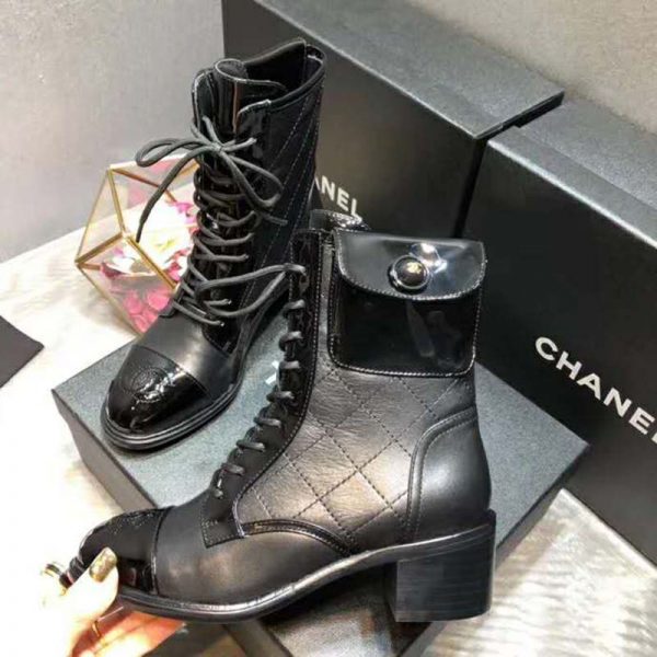 Chanel Women Patent Calfskin & Crumpled Calfskin Ankle Boots-Black (3)