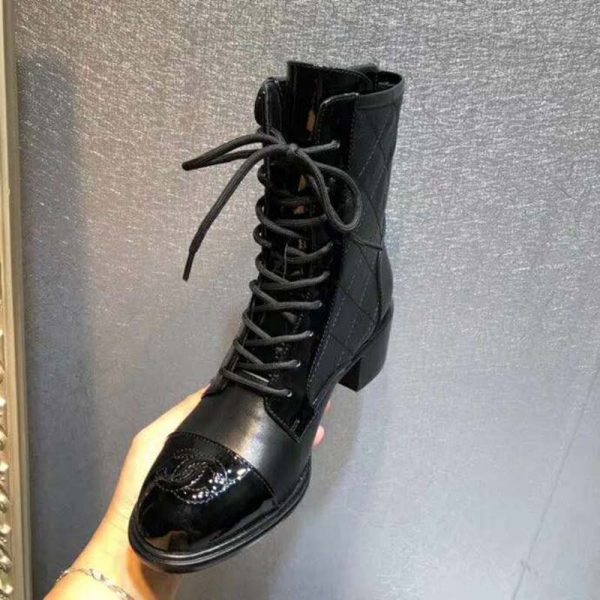 Chanel Women Patent Calfskin & Crumpled Calfskin Ankle Boots-Black (5)