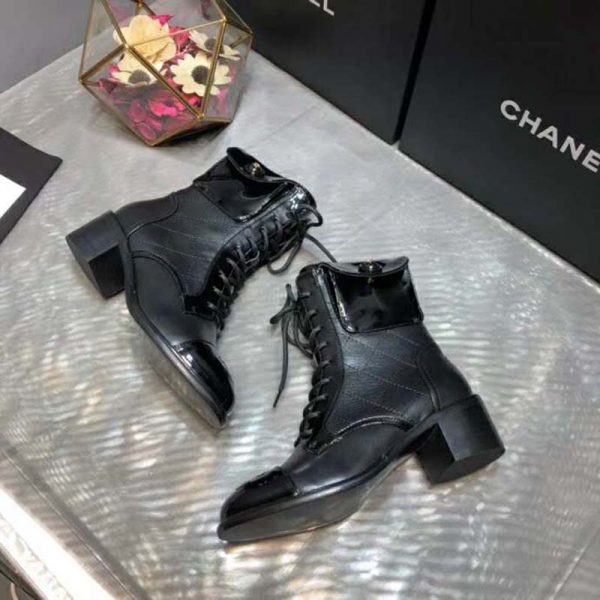 Chanel Women Patent Calfskin & Crumpled Calfskin Ankle Boots-Black (6)