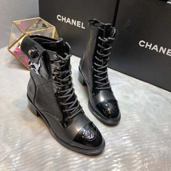 Chanel Women Patent Calfskin & Crumpled Calfskin Ankle Boots-Black (7)