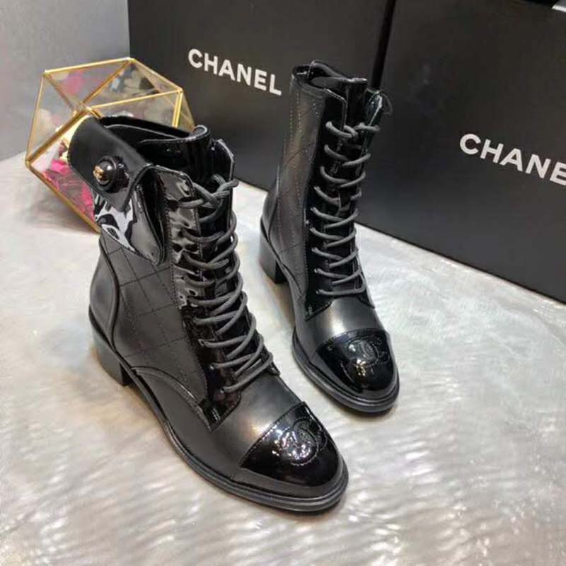 CHANEL Shiny Crumpled Lambskin Lace Up Combat Boots 36 Black