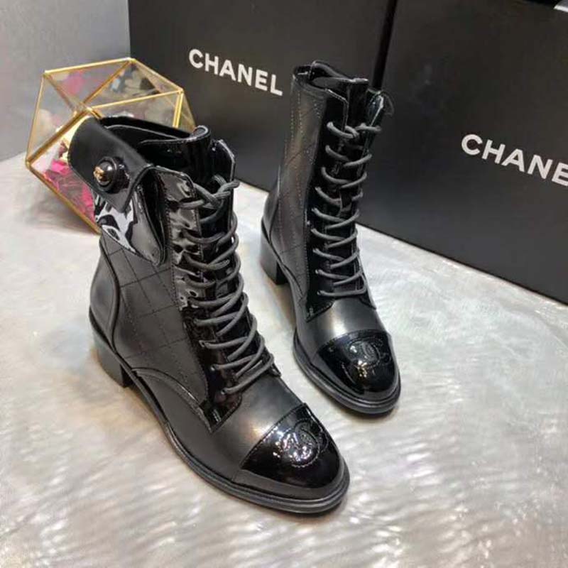 Chanel Women Patent Calfskin & Crumpled Calfskin Ankle Boots-Black