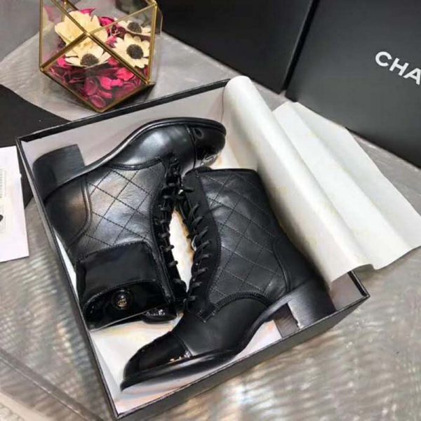 Chanel Women Patent Calfskin & Crumpled Calfskin Ankle Boots-Black (8)
