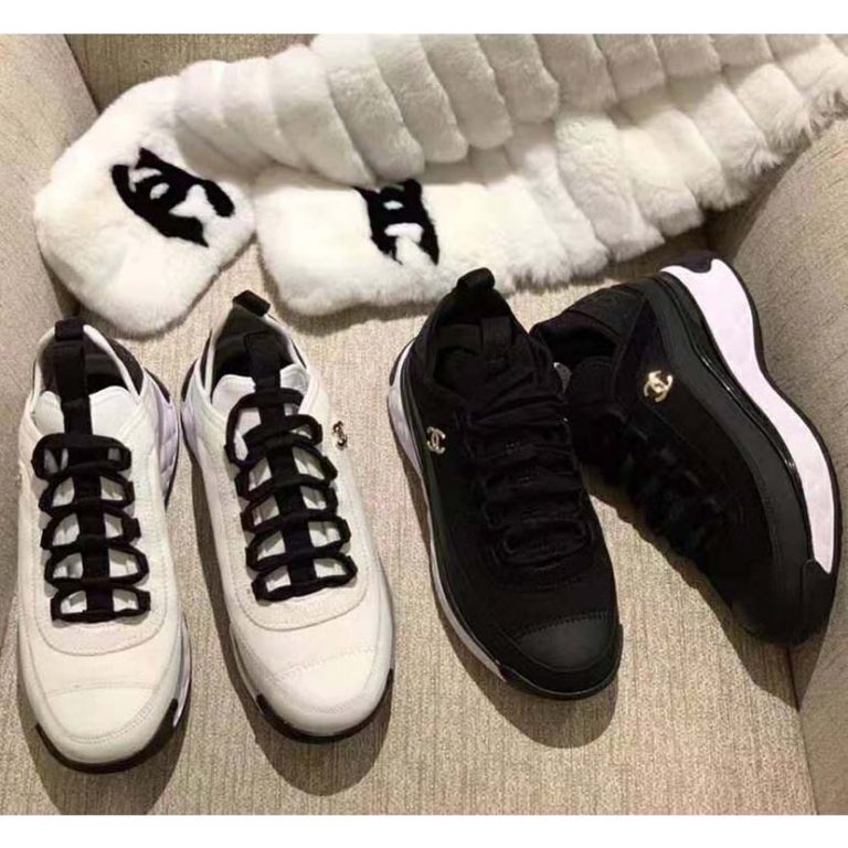 chanel cc velvet calfskin mixed fibers black gold chunky sneaker