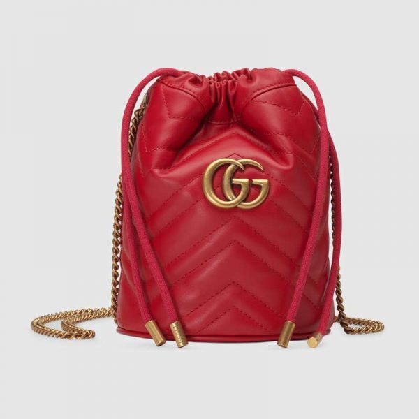 Gucci GG Women GG Marmont Mini Bucket Bag in Matelassé Chevron Leather-Red (1)
