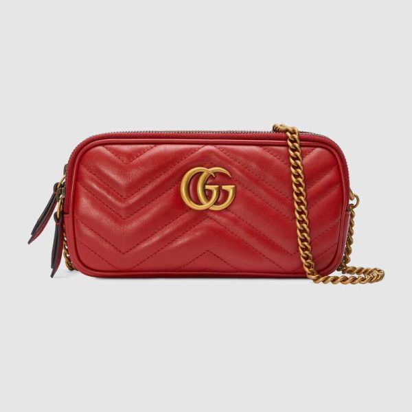 Gucci GG Women GG Marmont Mini Chain Bag in Matelassé Chevron Leather-Red