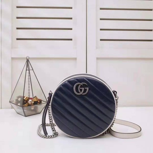 Gucci GG Women GG Marmont Mini Round Shoulder Bag in Blue Diagonal Matelassé Leather (2)