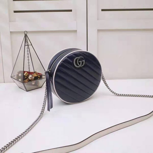 Gucci GG Women GG Marmont Mini Round Shoulder Bag in Blue Diagonal Matelassé Leather (4)