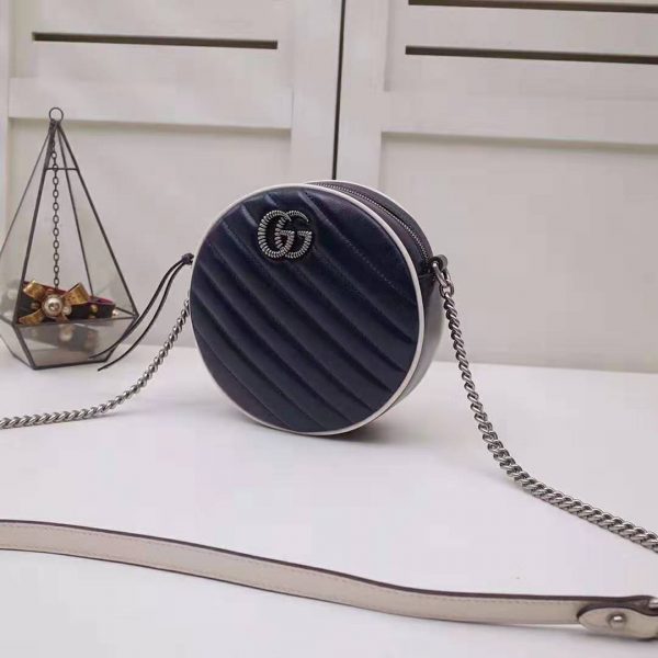 Gucci GG Women GG Marmont Mini Round Shoulder Bag in Blue Diagonal Matelassé Leather (5)