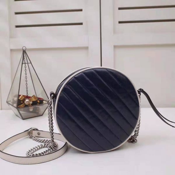 Gucci GG Women GG Marmont Mini Round Shoulder Bag in Blue Diagonal Matelassé Leather (6)