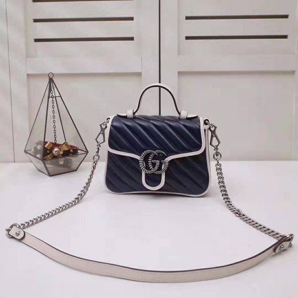 Gucci GG Women GG Marmont Mini Top Handle Bag in Blue Diagonal Matelassé Leather (2)