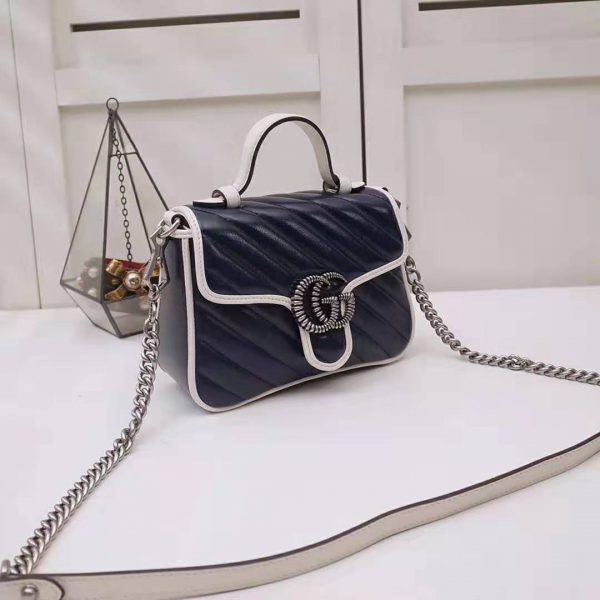Gucci GG Women GG Marmont Mini Top Handle Bag in Blue Diagonal Matelassé Leather (4)
