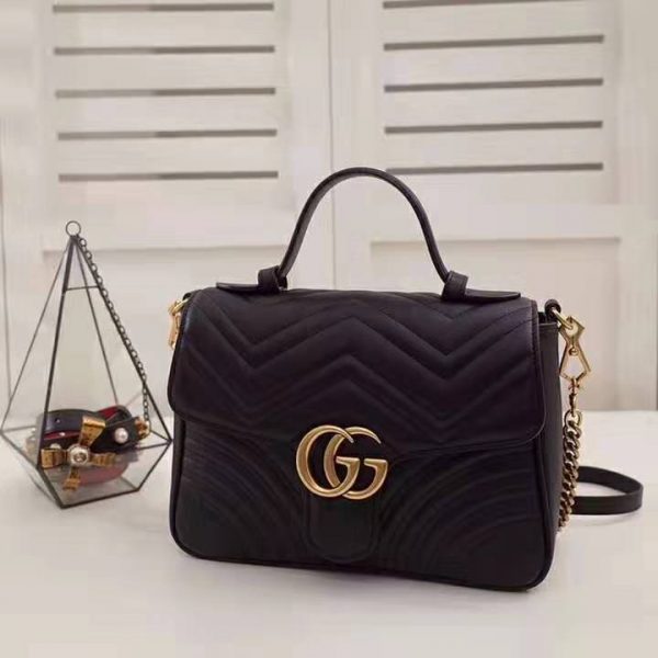 Gucci GG Women GG Marmont Small Top Handle Bag in Black Matelassé Chevron Leather (1)
